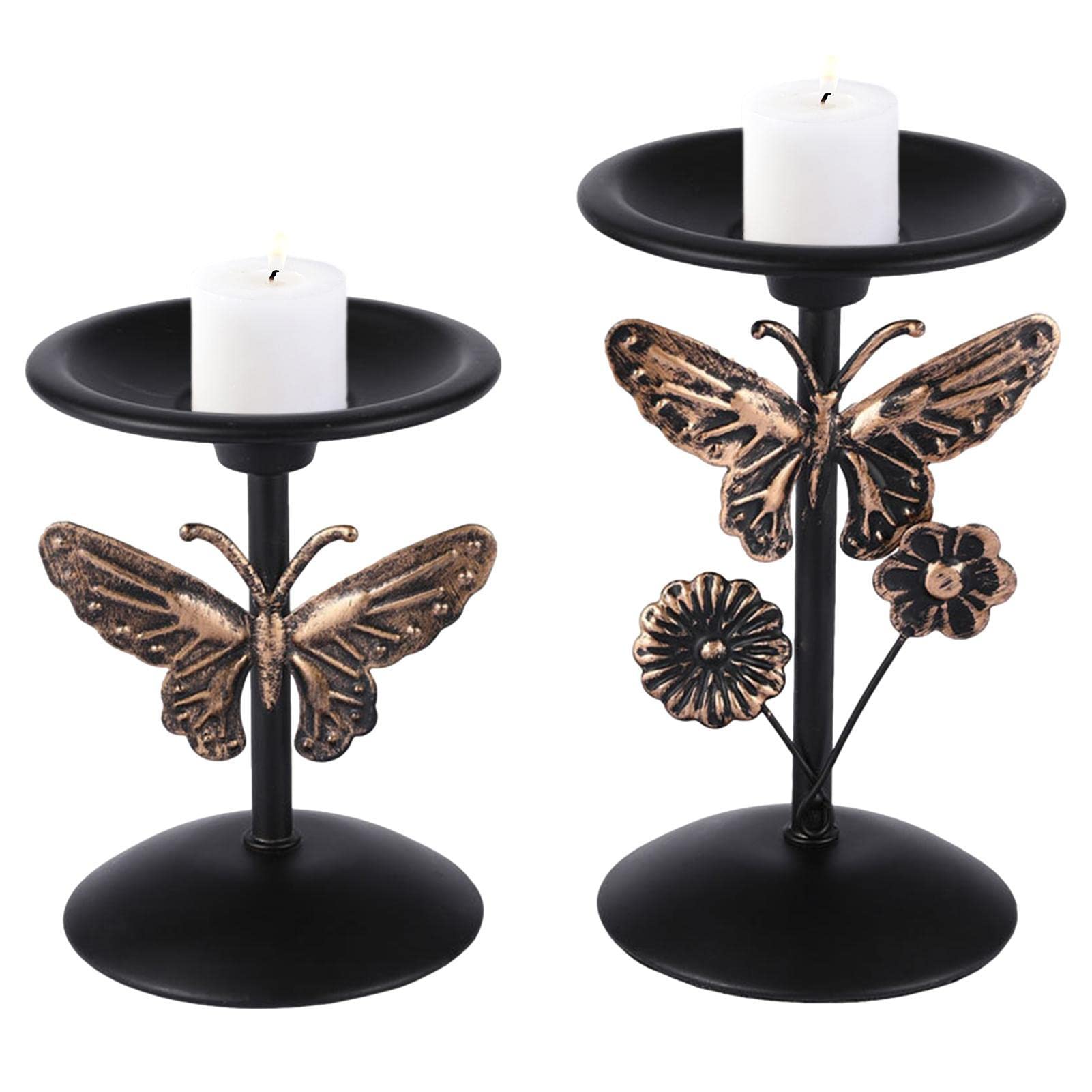 5 Pcs キャンドルスタンド - ペデスタル レトロ キャンドル ホルダー ブラック メタル 2 個セット装飾台座、ヴィンテージの蝶と花のデザ